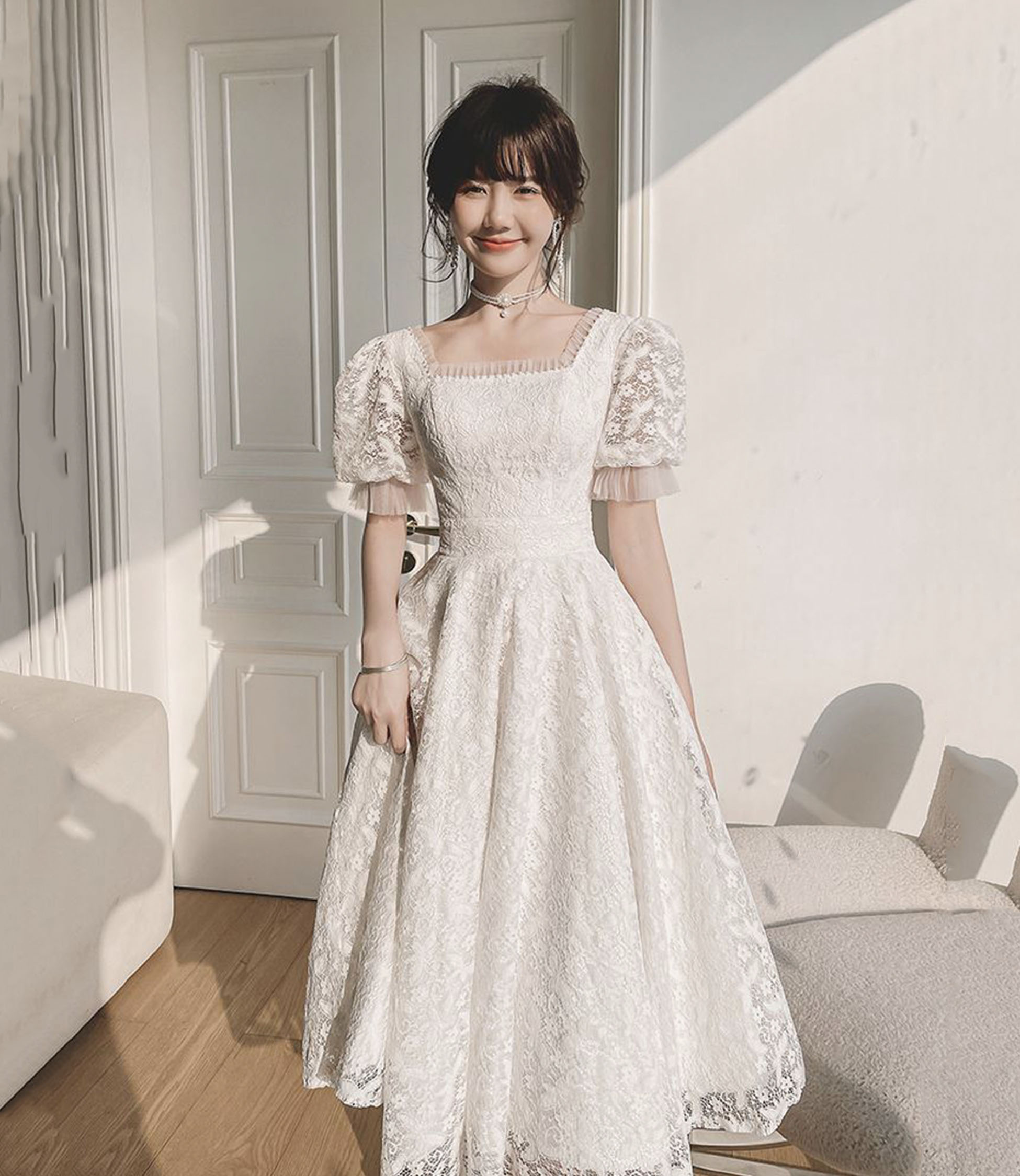 White lace short prom dress A-line evening dress