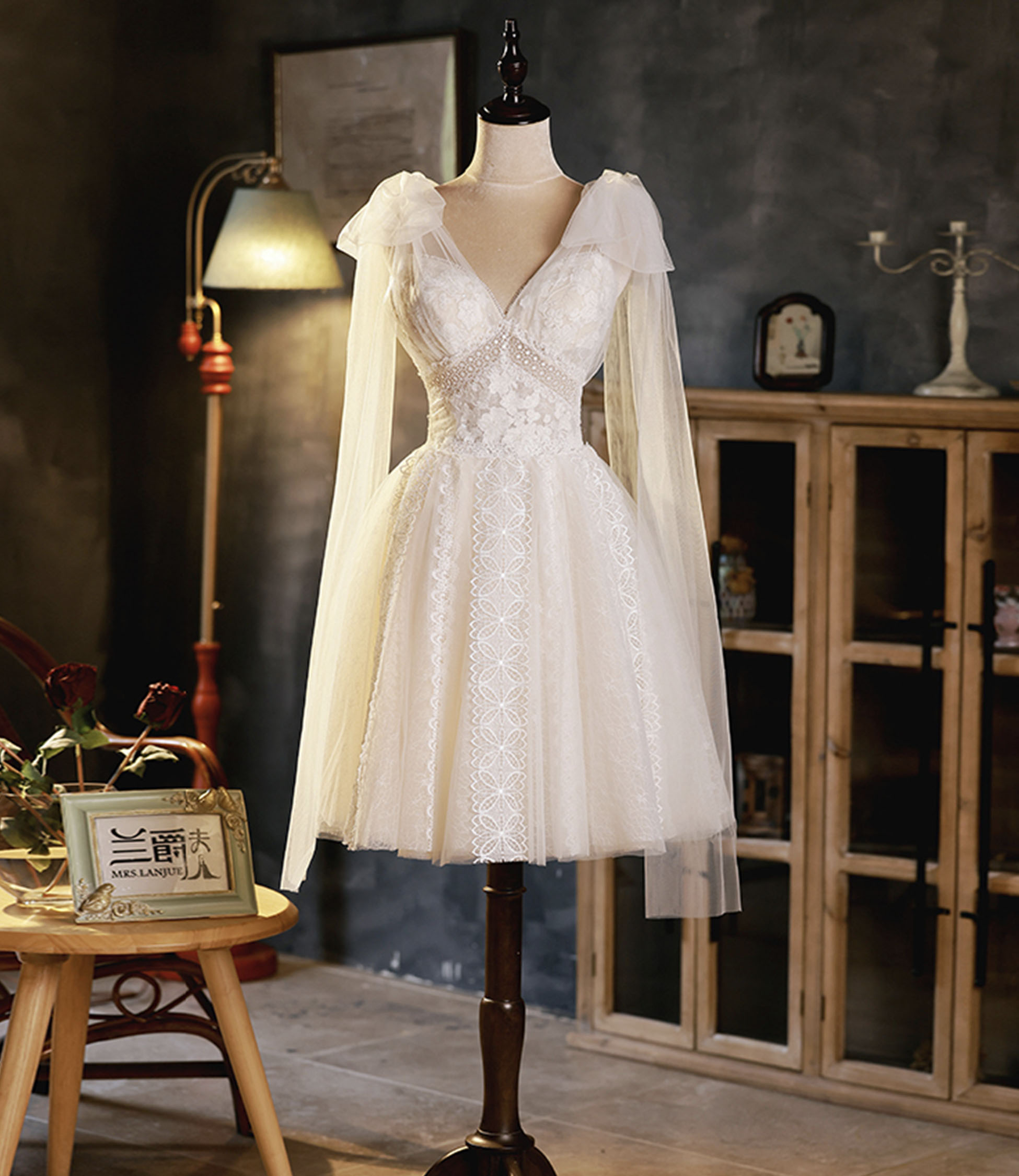 Champagne tulle lace short prom dress homecoming dress