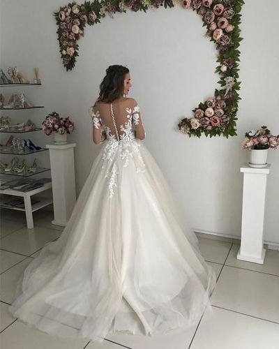 Elegant Ball Gown Floral Lace Long Sleeves Bride Dress Tulle Skirt Wedding Dresses,899