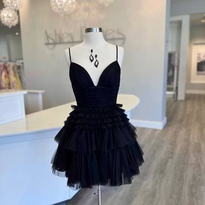 Cute a line v neck straps tulle short hoco dresses - Thumbnail 3