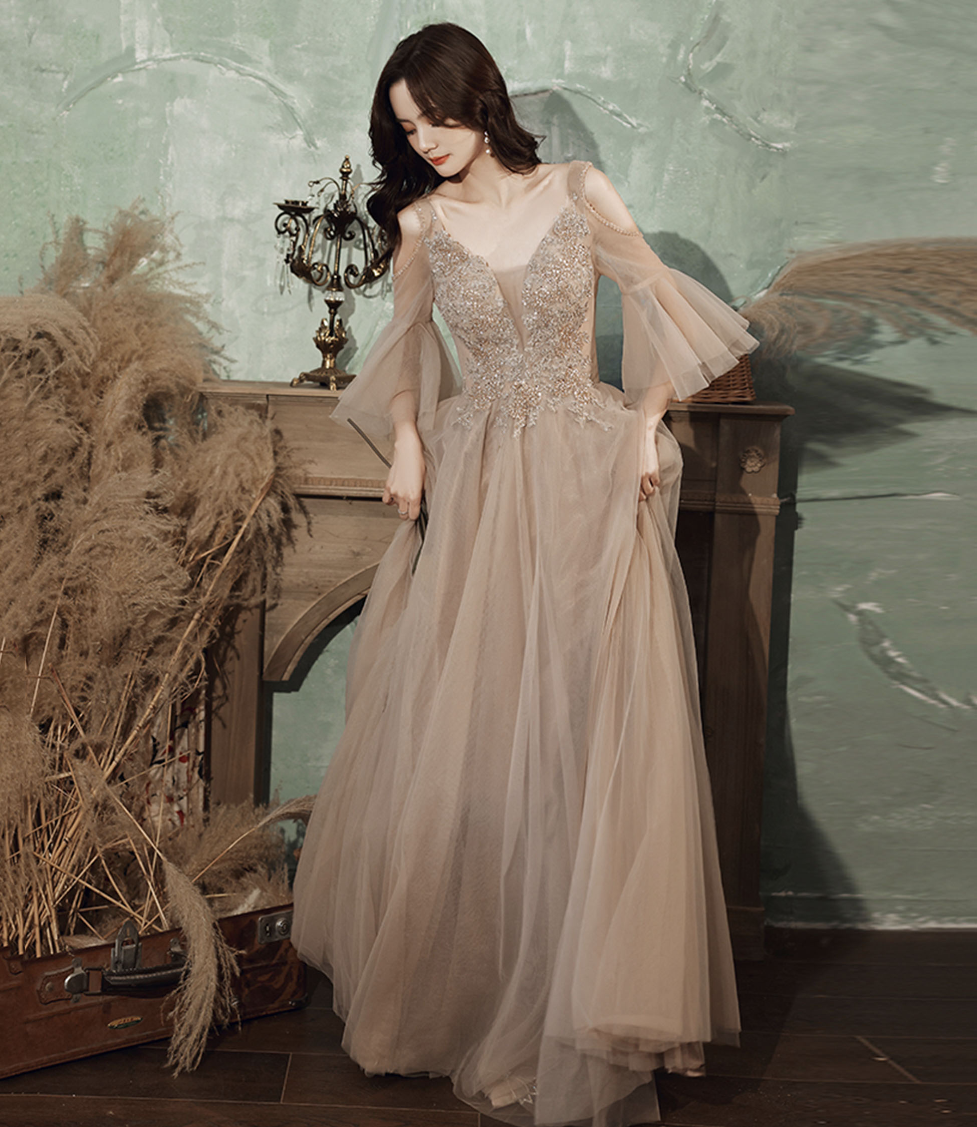 Stylish V-neck tulle lace long prom dress evening dress