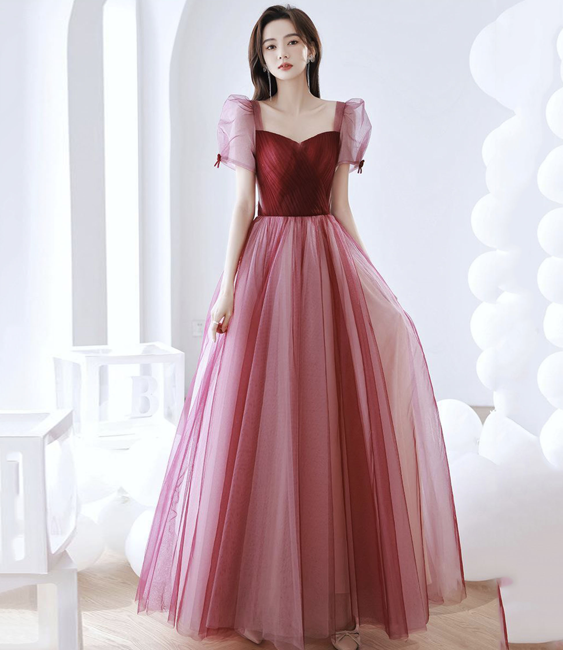 Burgundy Tulle Long Prom Dress A-Line Evening Dress