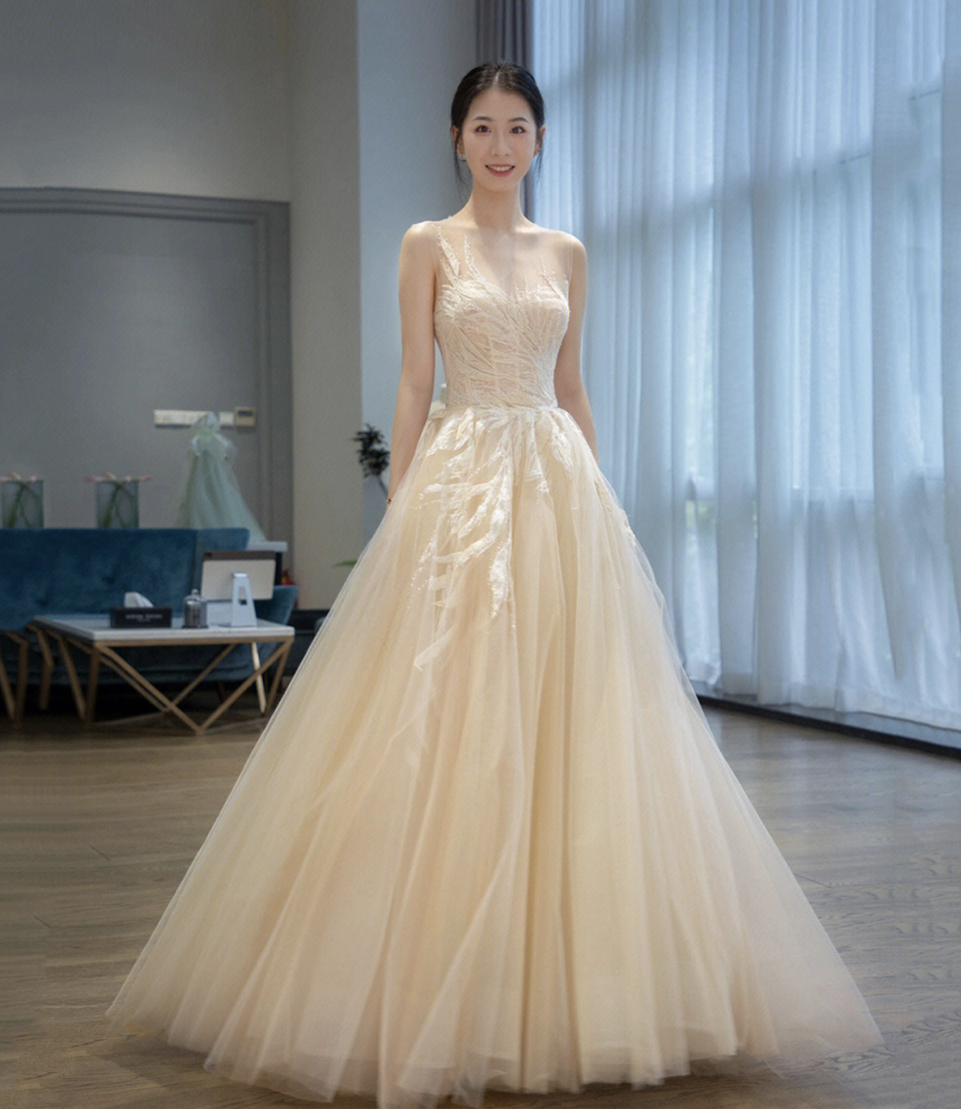 Champagne tulle lace long prom dress evening dress