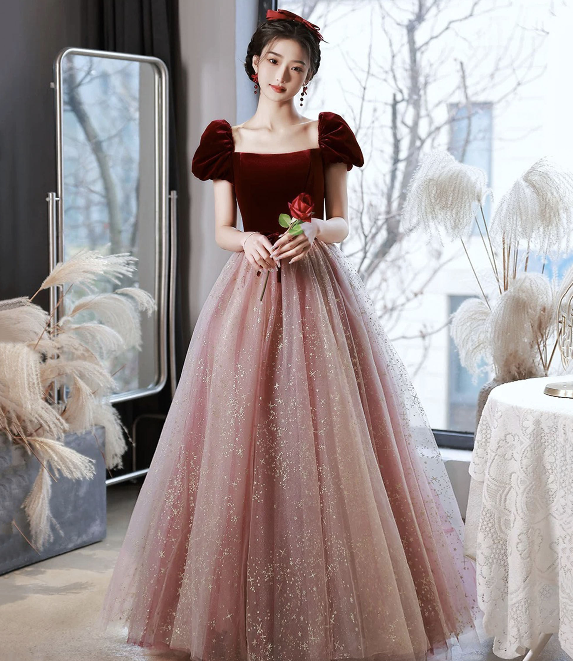 Cute velvet tulle long prom dress A-line evening dress