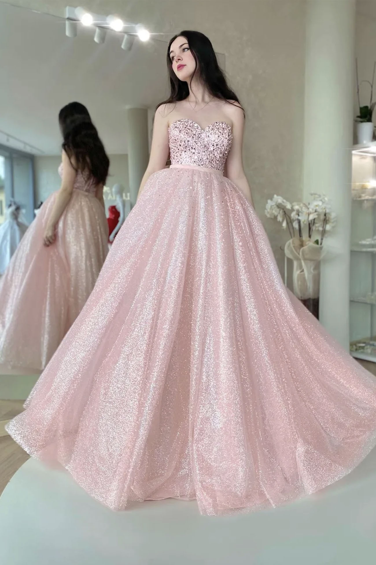 Pink Tulle Sequin Long Ball Gown, Two Piece Detachable Long Short Evening Dress