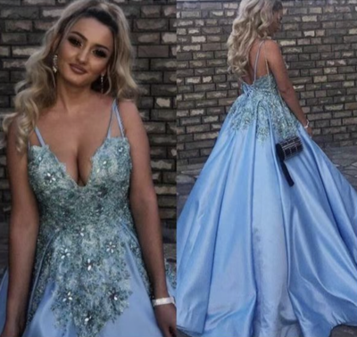 Sky Blue Prom Dresses V Neck with Beading