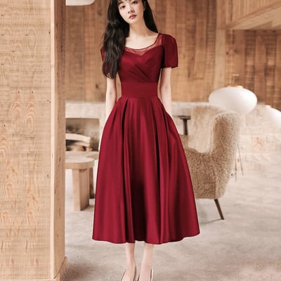 Burgundy satin short prom dress a-line evening dress - Thumbnail 3