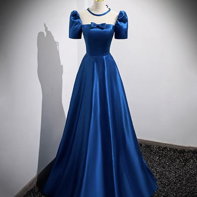 Blue satin long prom dress a-line evening dress - Thumbnail 1