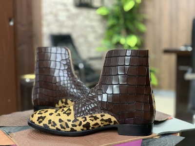 Men's Leopard Hair Skin & Alligator Print Leather Boot, Handmade Double Monk Leather Stylish Boot