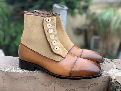 Handmade Ankle High Leather & Suede Boot, Men's Button Top Cap Toe Leather Boot