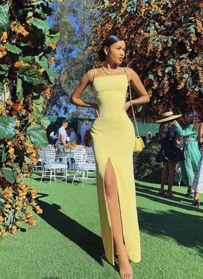 New A Line yellow Prom Dresses evening dress With Split