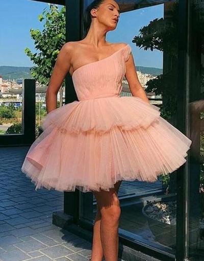 Sexy Pink tulle one shoulder homecoming dress