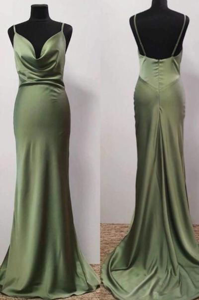 A Line Oliver Green Cowl Neck Long Prom Dress