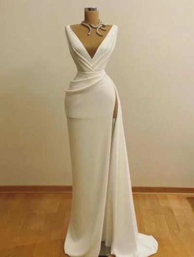 A Line V Neck Slit Side Long Prom Dresses