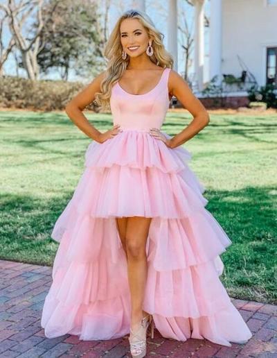 A Line Pink High Low Tulle Long Prom Dresses