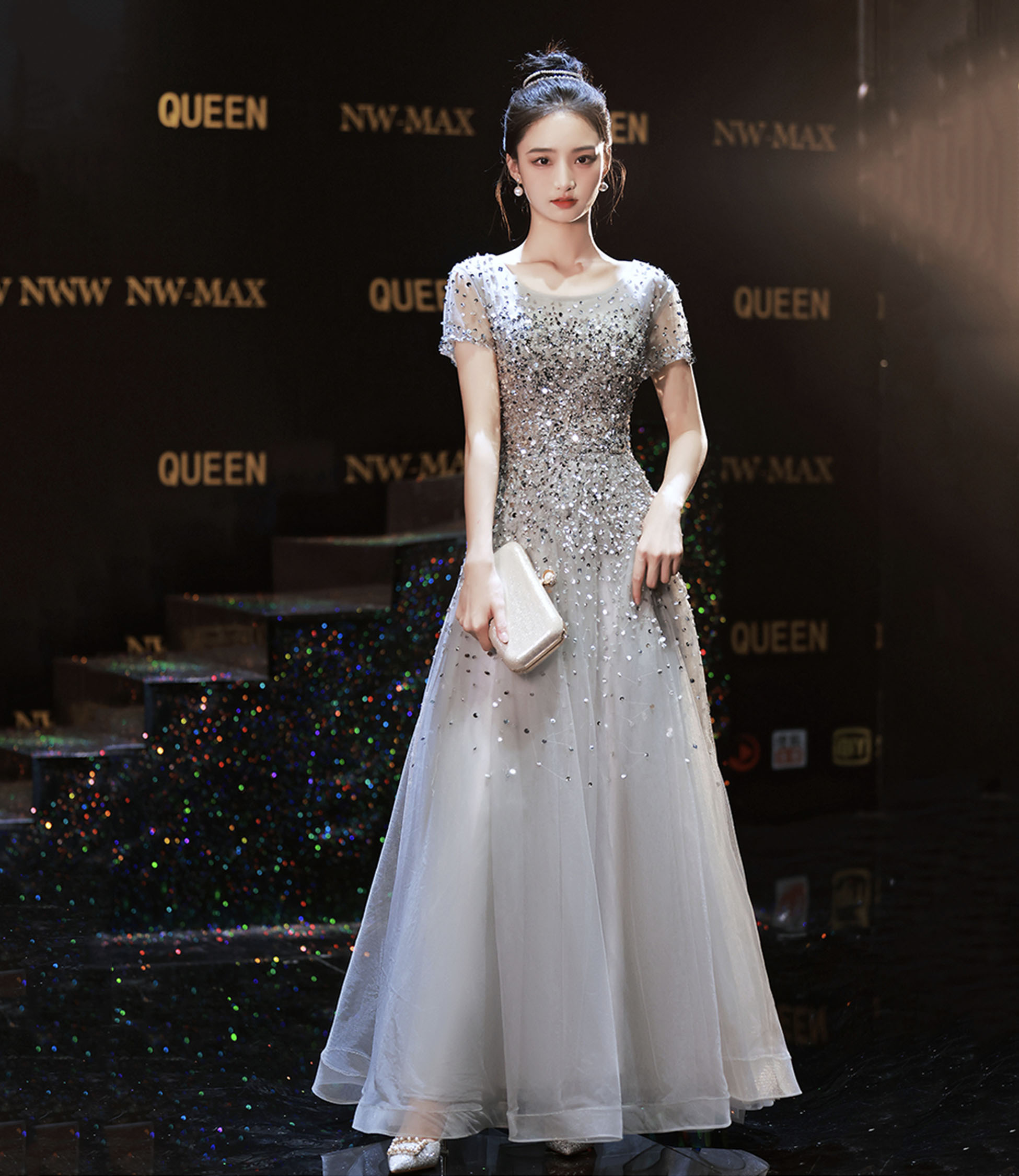 Gray tulle beads long prom dress A-line evening dress