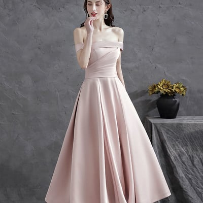 Pink satin short prom dress off shoulder evening dress - Thumbnail 2