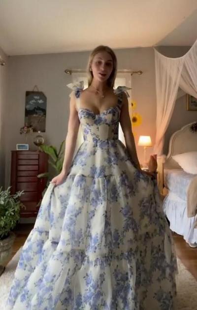 Charming Floral Print Chiffon Prom Dresses With Straps