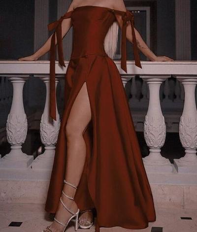Off The Shoulder A-Line Burgundy Satin Slit Prom Dress