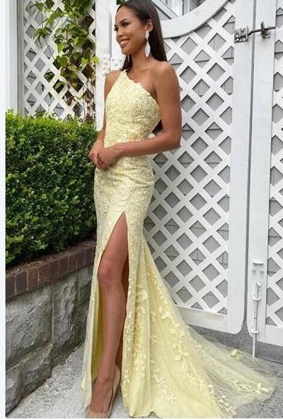 Charming Sheath One Shoulder Yellow Lace Prom Dress