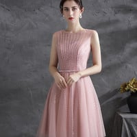 Pink tulle sequins short prom dress homecoming dress - Thumbnail 4
