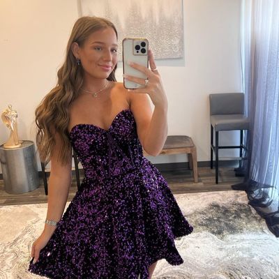 Sweetheart a line dark purple sequins short hoco dresses, short party dresses - Thumbnail 1