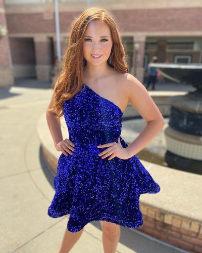 Sparkly Cute A Line One Shoulder Royal Blue Sequins Short Hoco Dresses