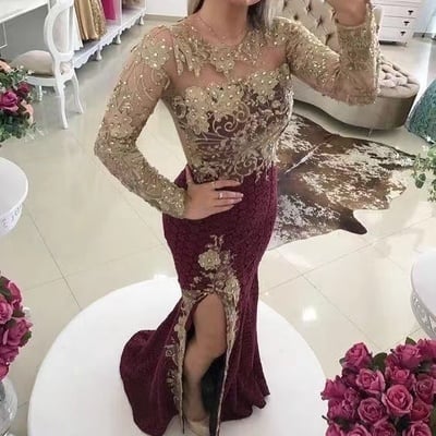 Wine prom dresses slit side with sleeves lace - Thumbnail 3