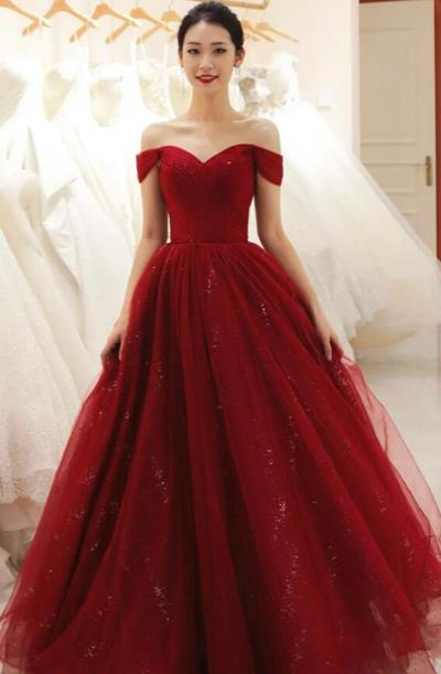 A line Ball Gown Burgundy tulle long prom dress