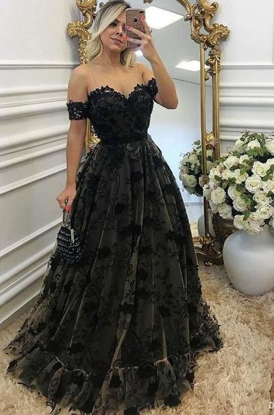 Off-the-Shoulder Black Prom Dress with Lace Appliques
