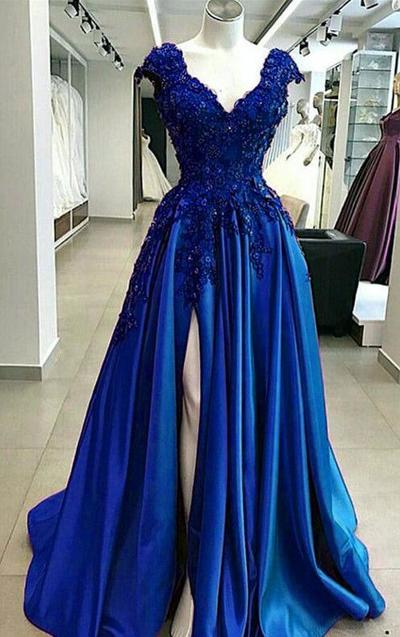 Cap Sleeves Royal Blue Lace Flowers Split Evening Gowns