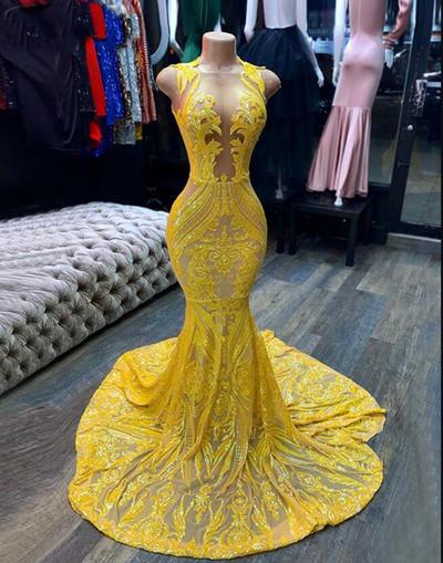 Vintage arabic formal yellow sequin prom dresses
