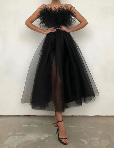 A Line Spaghetti Straps Black Tulle Tea Length Prom Dresses