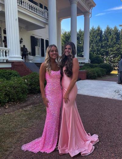 Mermaid Sparkly Scoop Neck Pink Sequin Split Prom Dresses