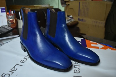 Christmas Western Style Blue Chelsea Style Leather Boot, Hand Stitch Boot For Gentlemen