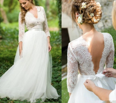 V Neck V Back Wedding Dresses Bridal Gown with Sash WDB