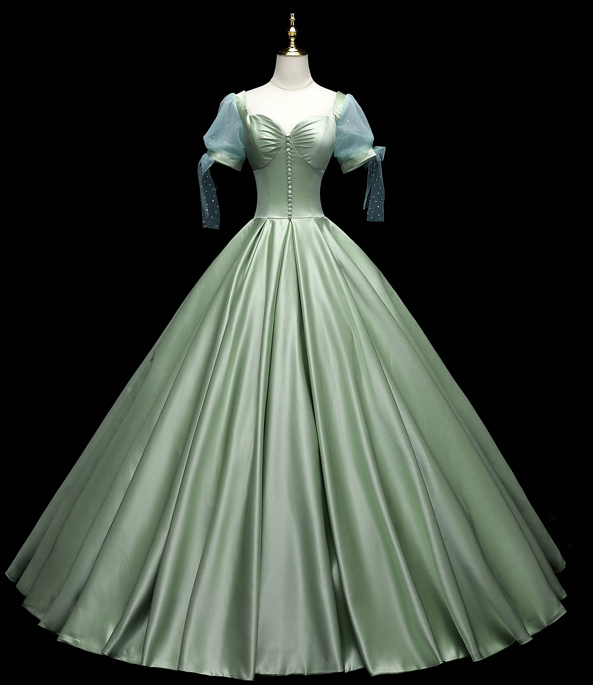 Green satin long ball gown dress A-line formal dress