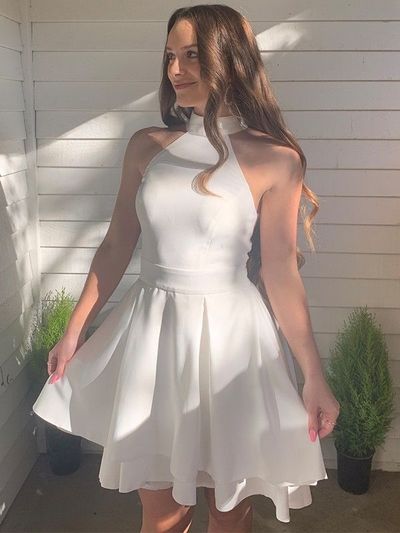 SP2247,White Halter Satin Homecoming Dresses A-Line Back to School Dresses
