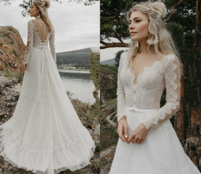 V Neck Wedding Dresses Bridal Gown with Sleeves WD50