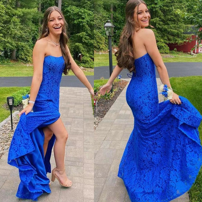 Strapless Lace Prom Dresses Slit Side Royal Blue PD89