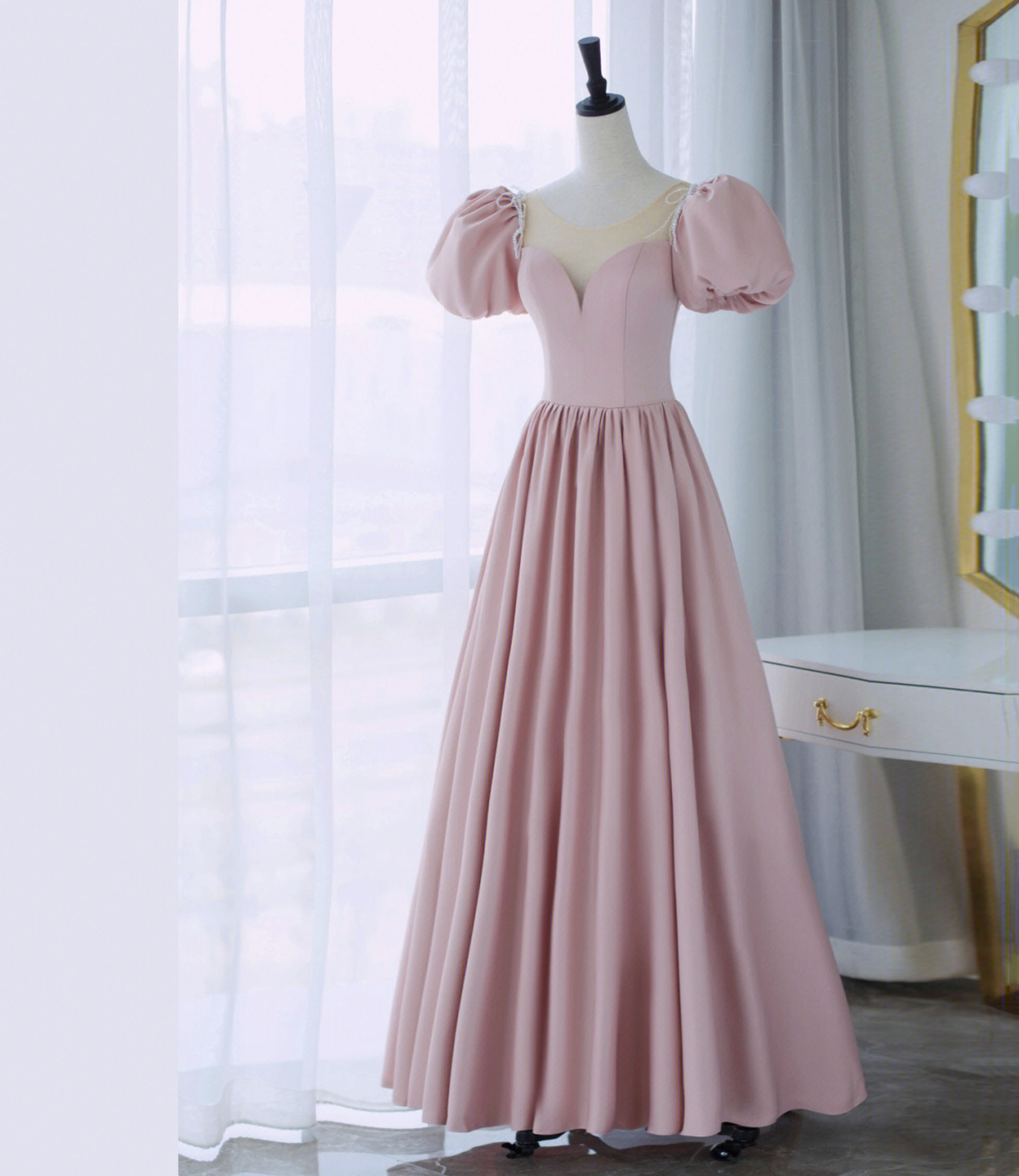 Pink satin long prom dress A-line evening dress