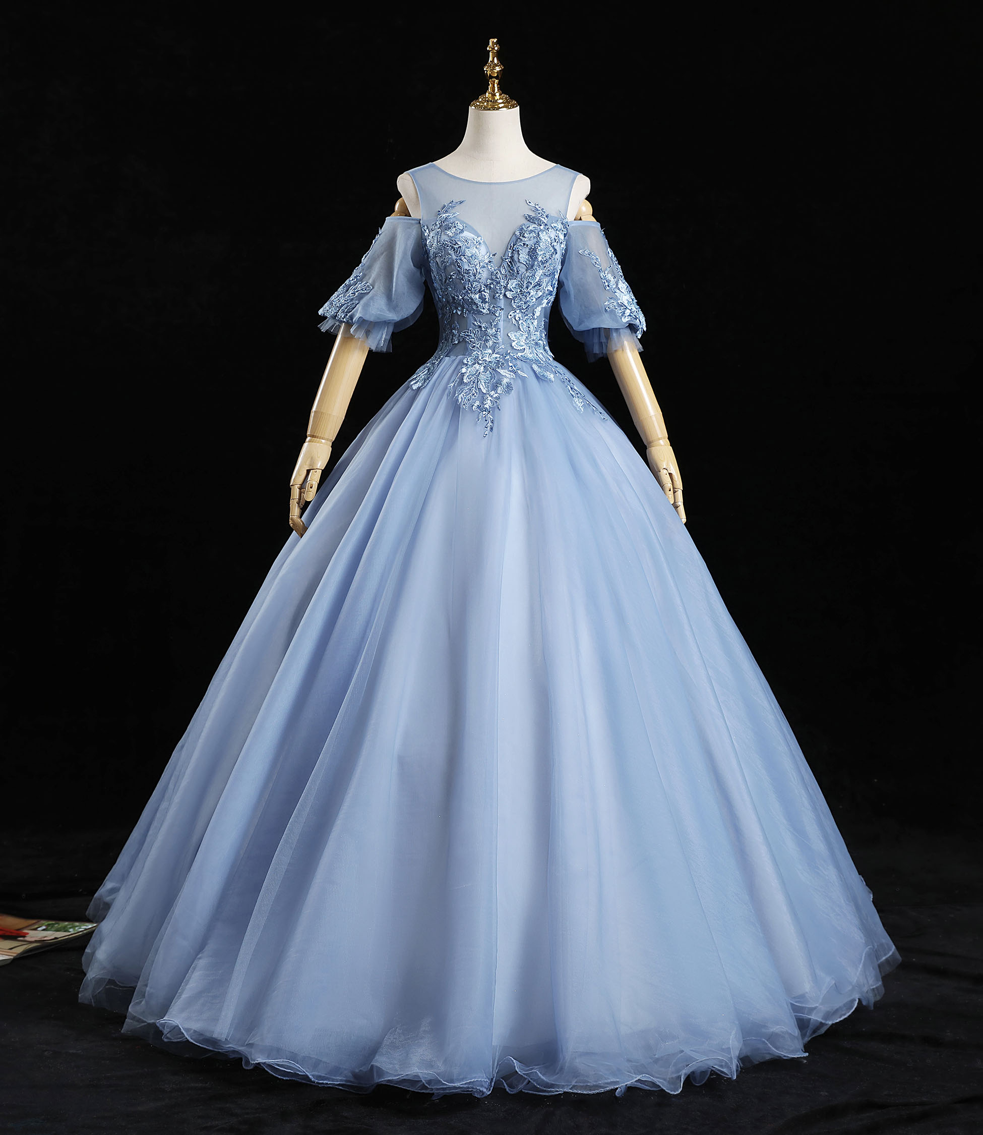 Blue tulle lace long ball gown dress formal dress