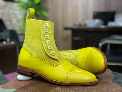 Men's Ankle High Leather & Suede Cap Toe Button Top Leather Boot