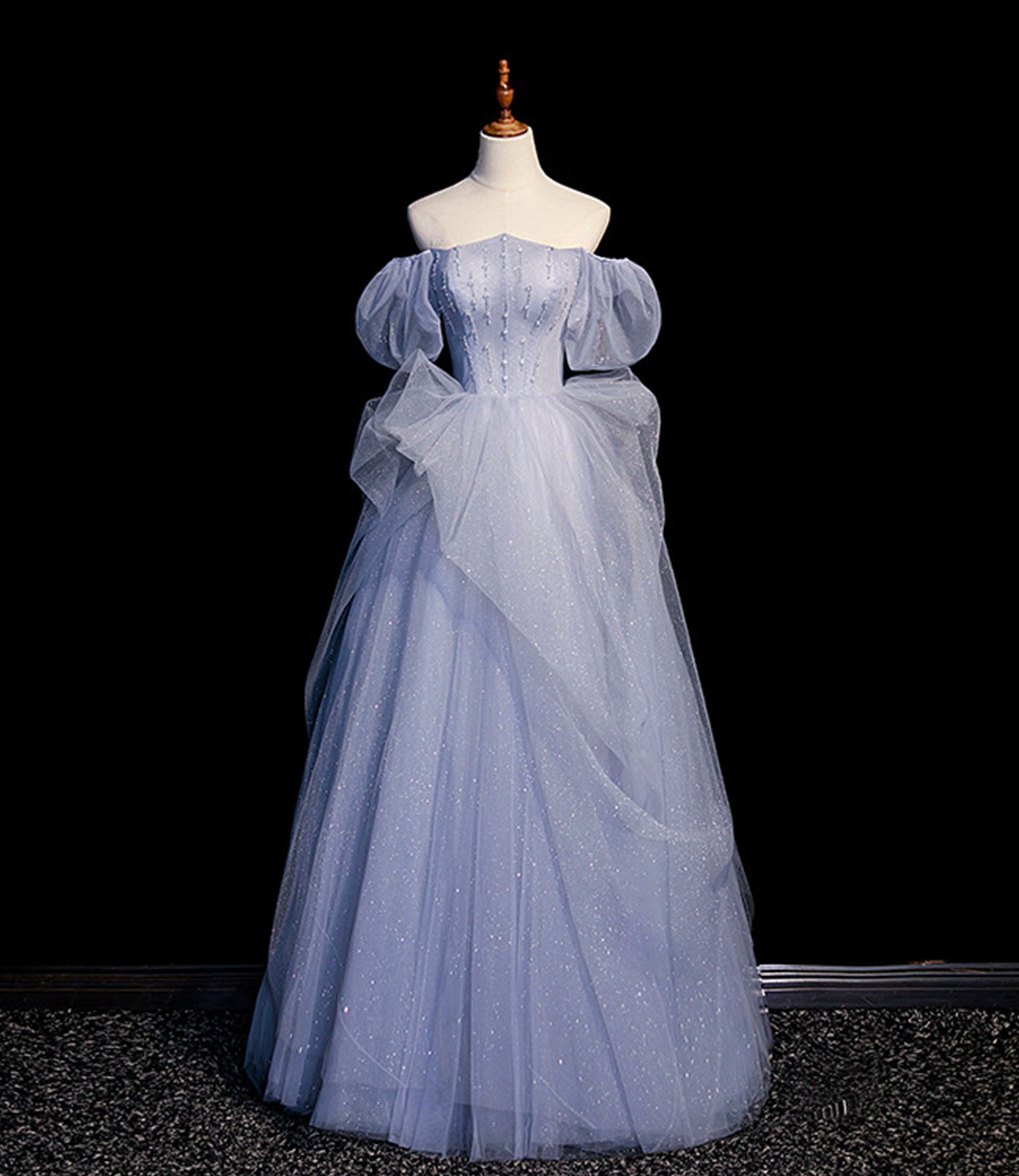 Blue tulle long ball gown dress blue evening dress