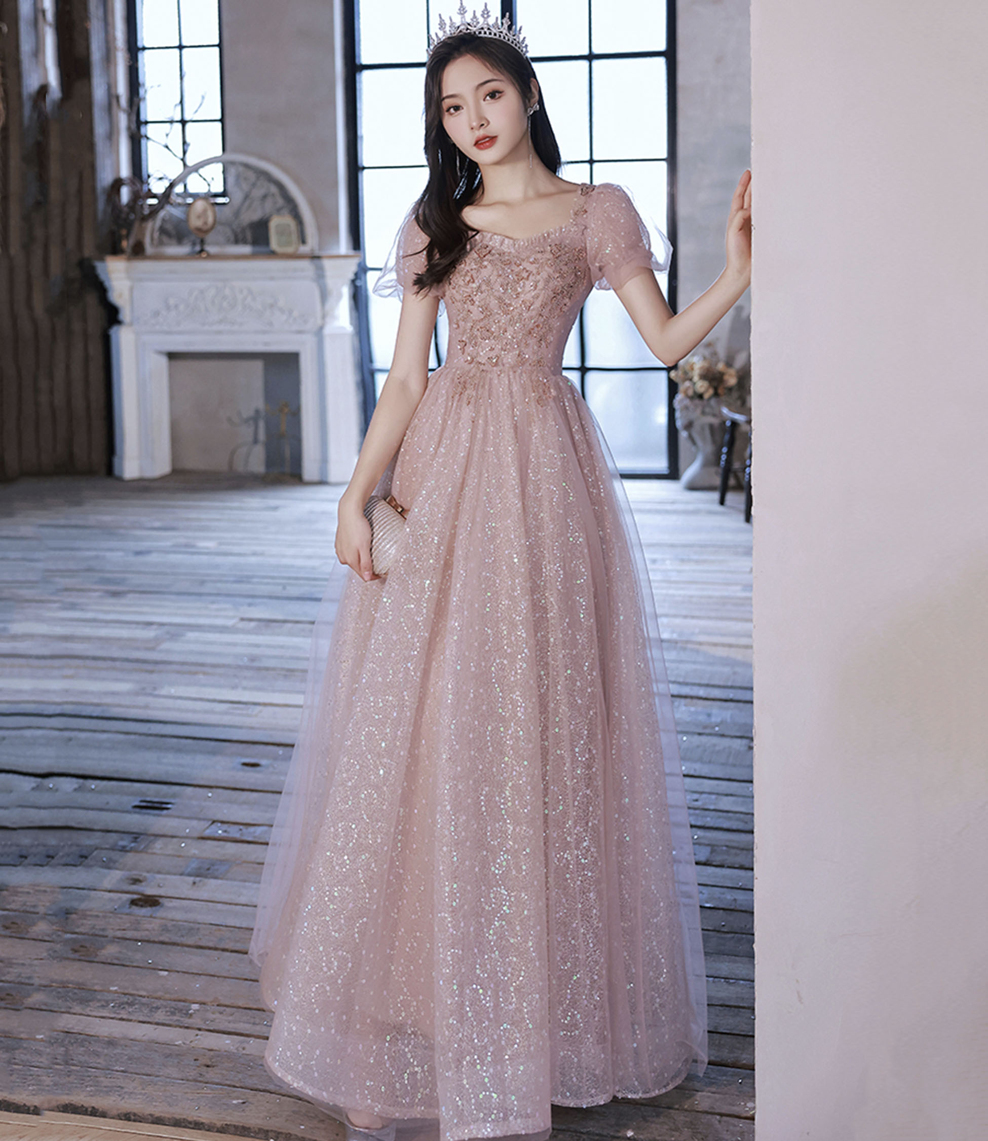 Pink tulle sequins long prom dress A-line evening dress