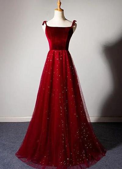 Charming Straps Dark Red Tulle Prom Dress With Top Velvet