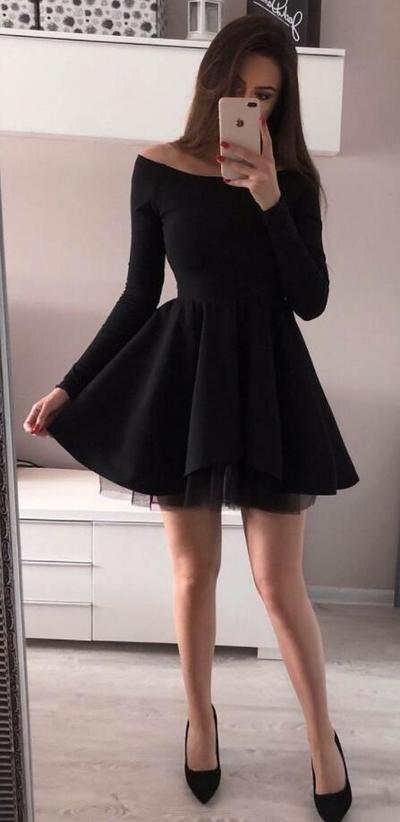 Off the Shoulder Long Sleeve Black Homecoming Dresses