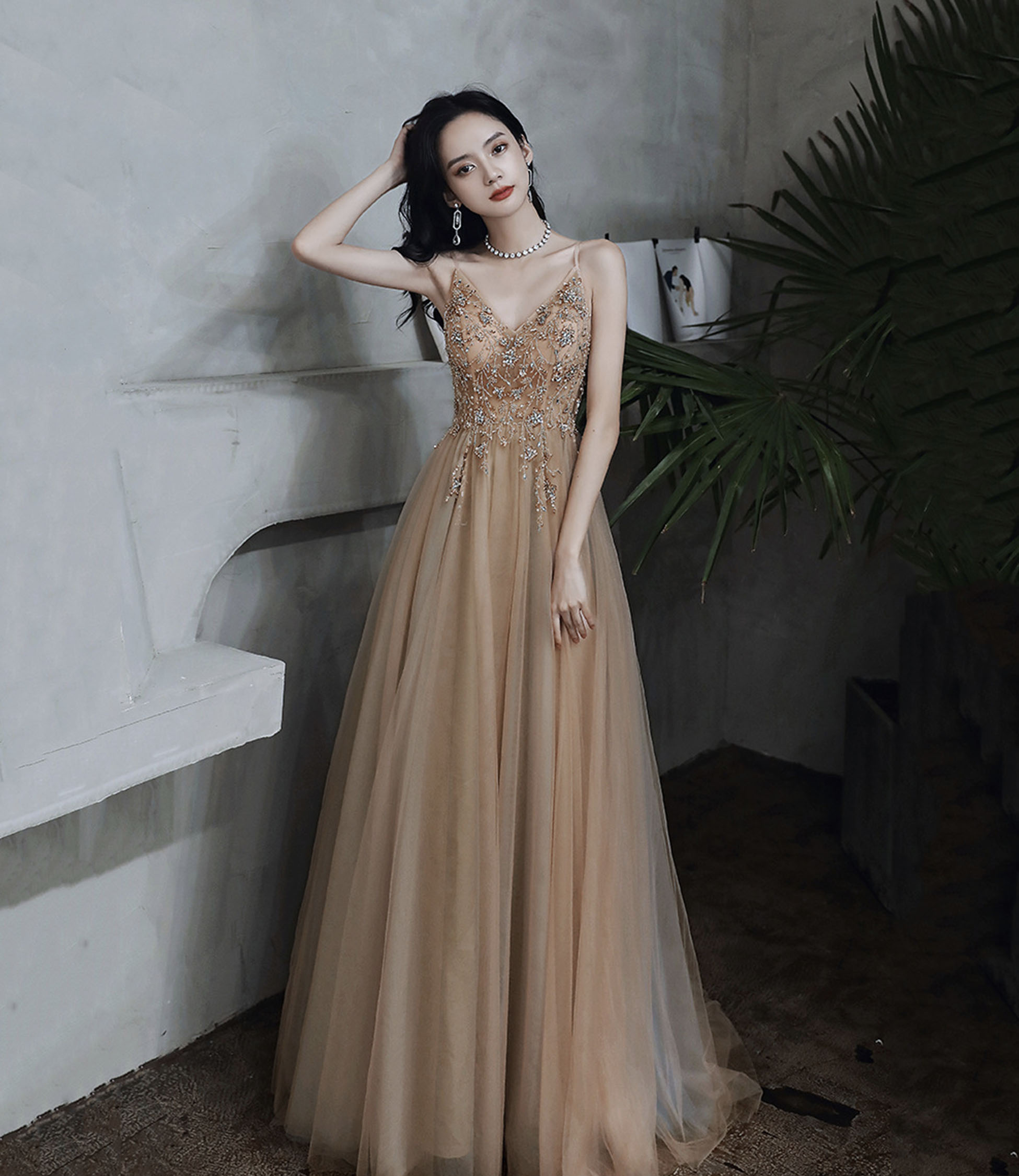 Stylish V-neck tulle beaded long prom dress evening dress