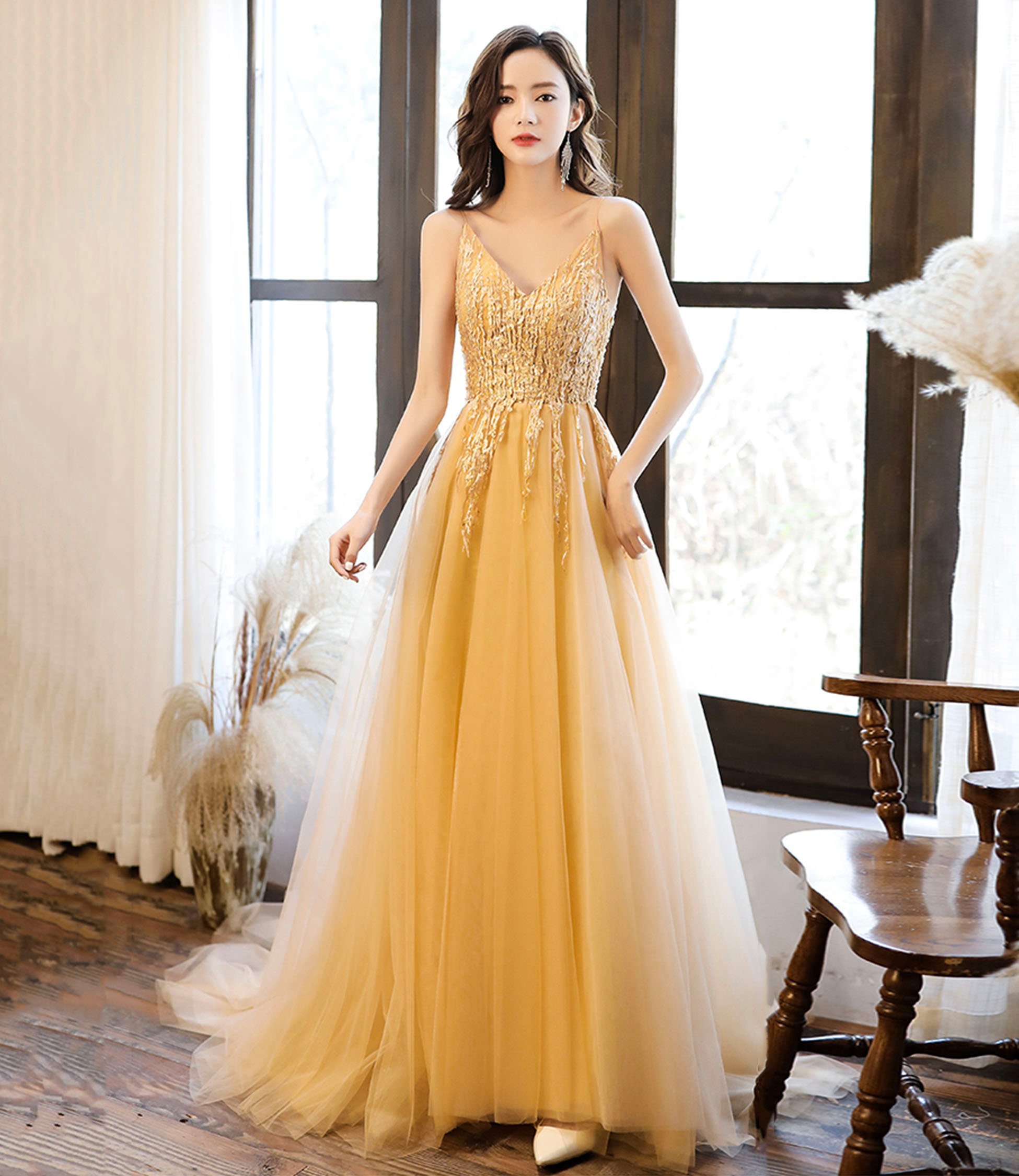 Yellow tulle lace long prom dress A-line evening dress