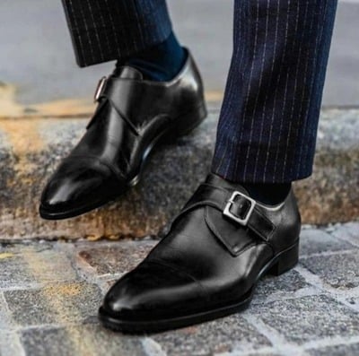 Handmade Pure Black Monk Strap Leather Cap Toe Shoes For Men